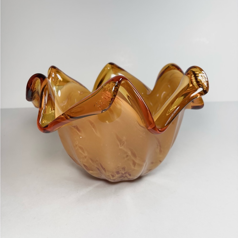 Murano "White Crystal" Hand Made in Italy,‎ Caramel Amber Glass Bowl 6.75”